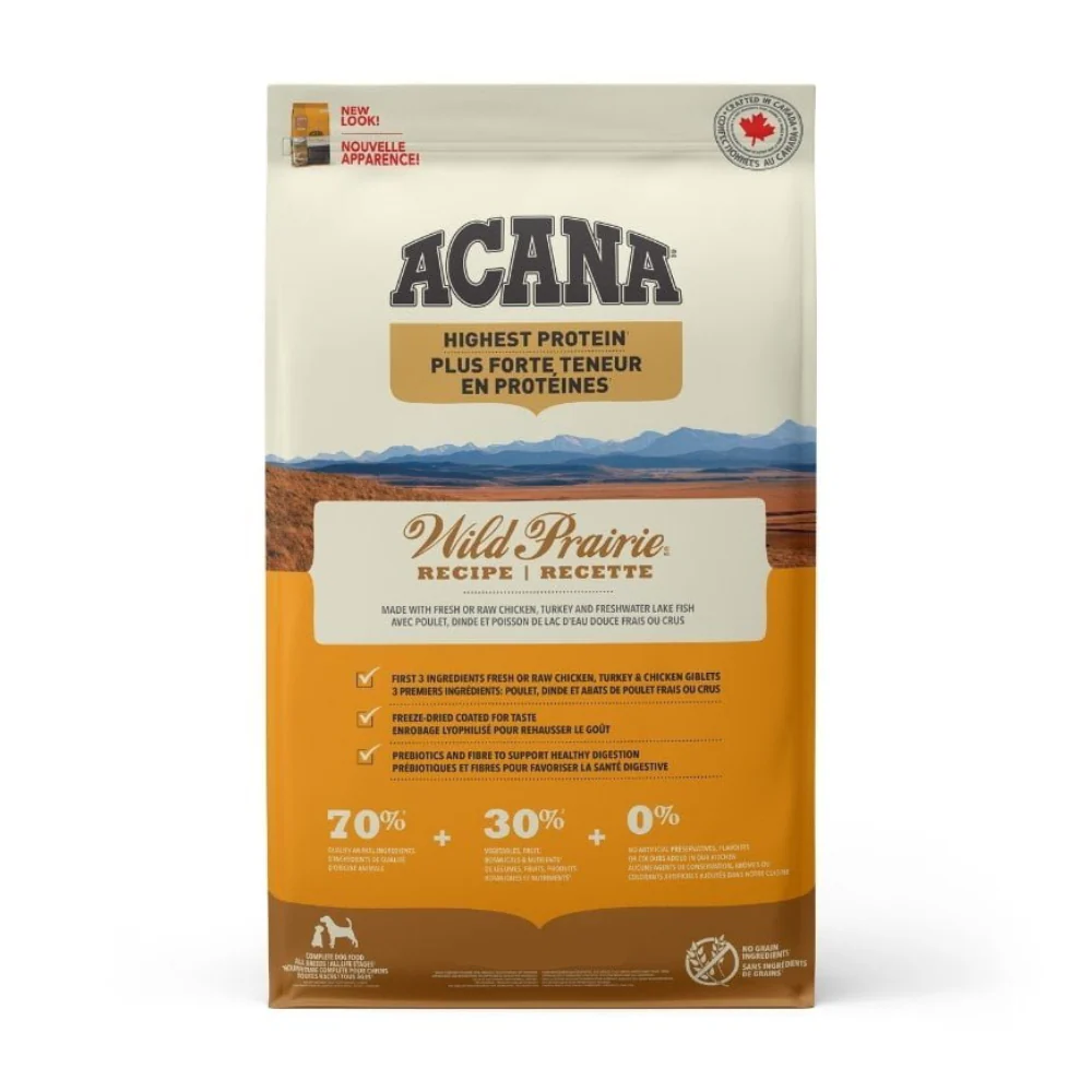 ACANA, Recette Wild Prairie, Plus de protéine, Sans grains, Nourriture sèche, Toutes étapes de vie, Toutes races, Poulet, dinde et poisson, Pour chien